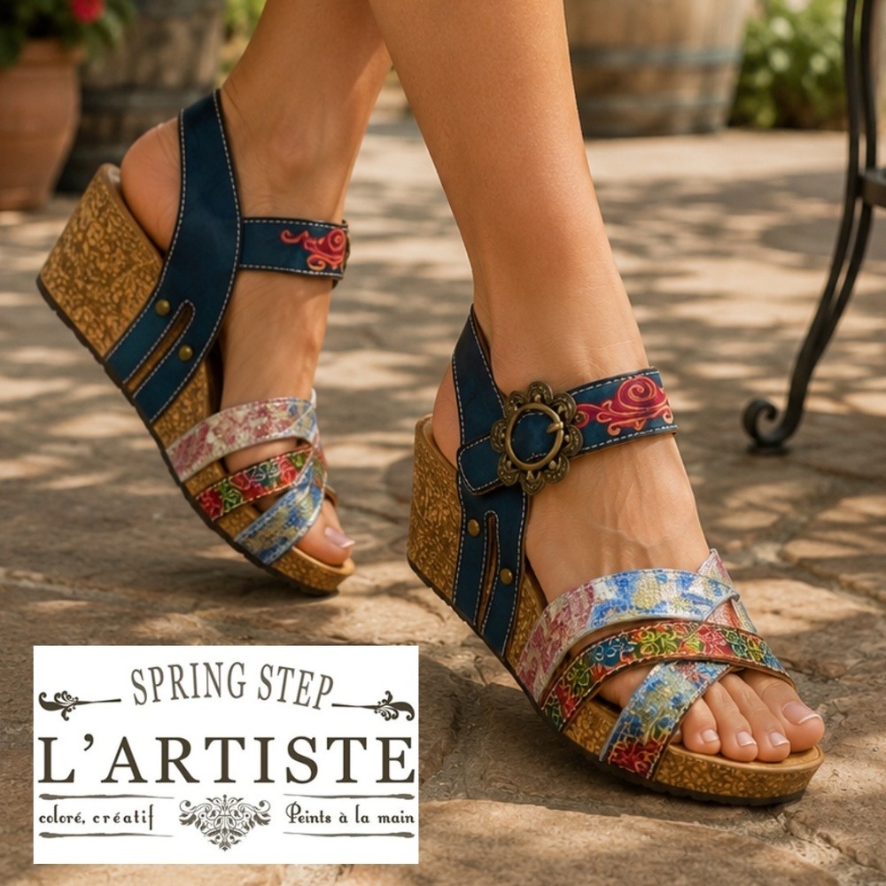 NEW, L'Artiste Spring Step, Audrie Blum Floral Leather Cork Wedge Sandal Size 39